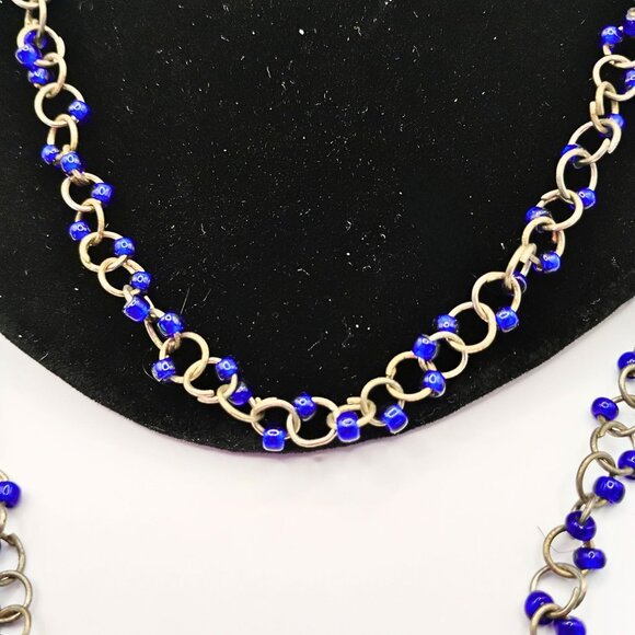 Vintage Womens Long Silver Tone Beaded Chain Link Necklace Blue Coastal Beach - Picture 3 of 5